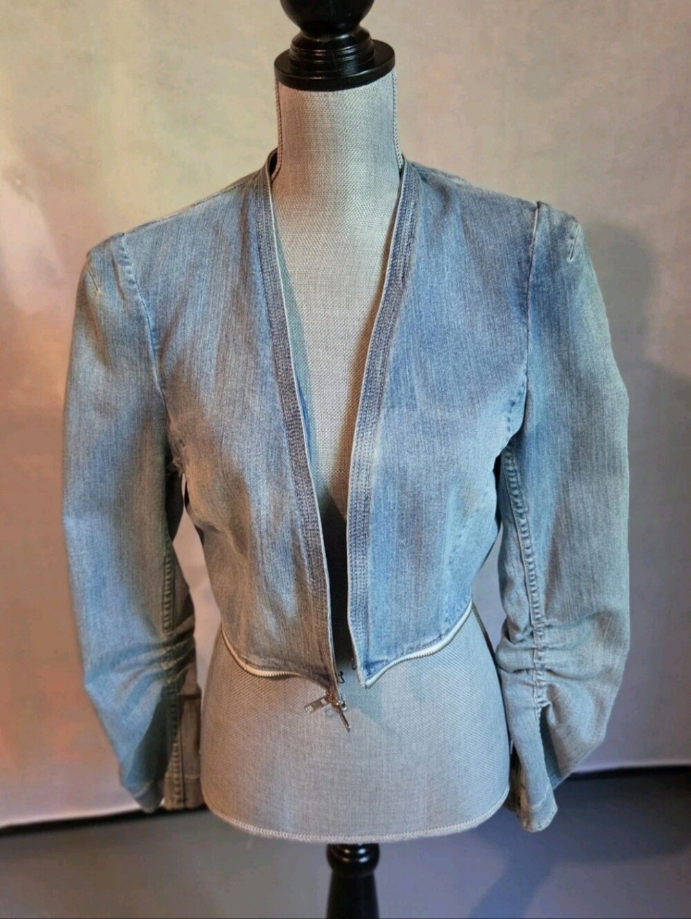 REBECCA TAYLOR Womens 12 Blue Denim Peplum Zip Accent Jacket Ruched Sleeves - Picture 6 of 12
